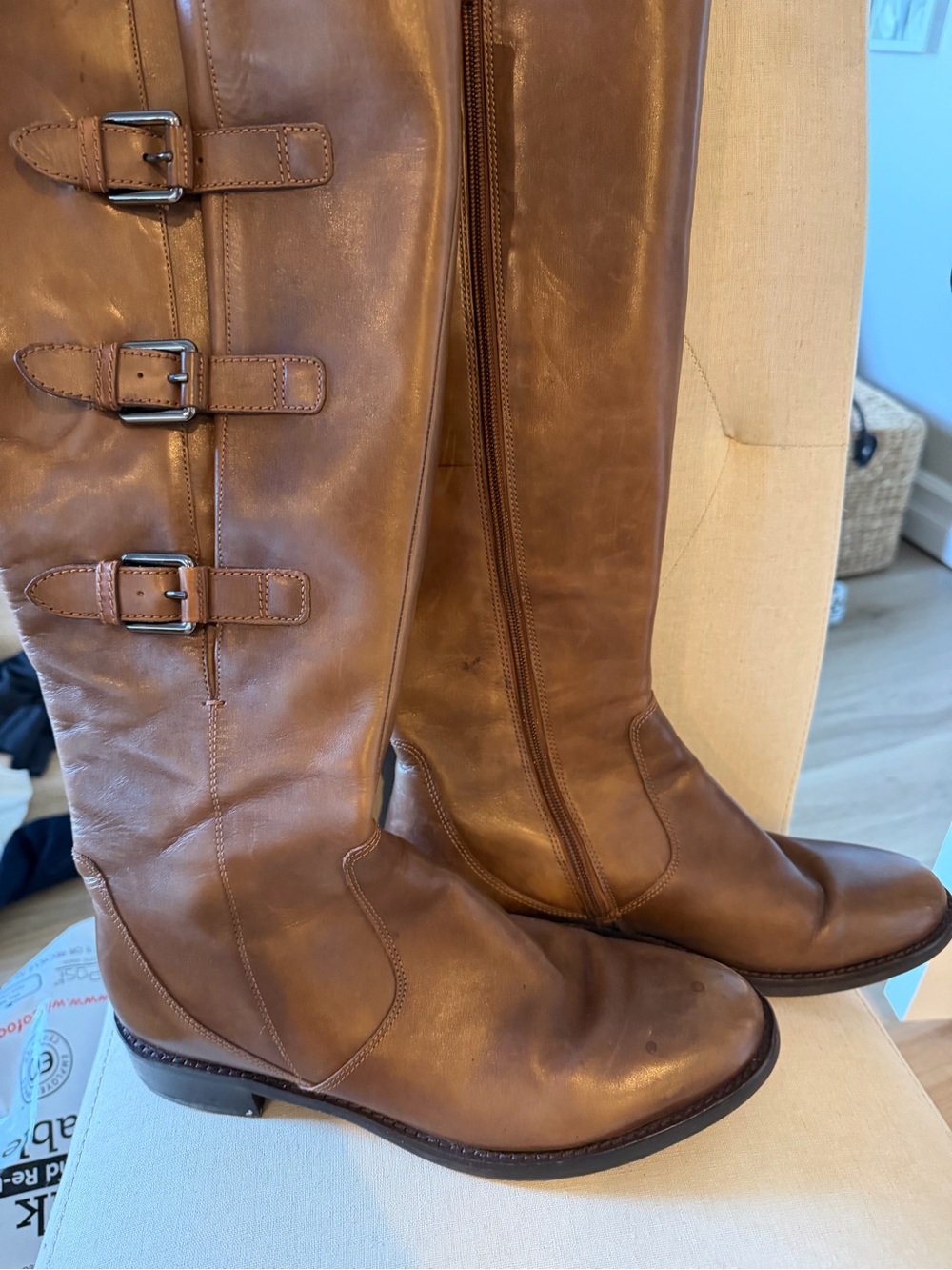 ECCO Brown Leather Tall Riding Boots Size 40 Triple Buckle